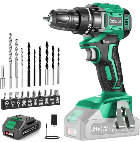 Cordless Drill Brushless, FEBOGER Electric Drills Set 21V with 2000mAh Battery, Power Drill 45N.m Max, 20+1 Torque, 2 Speed, LED Light, 20pcs Drills Set for Home, Garden DIY, Green