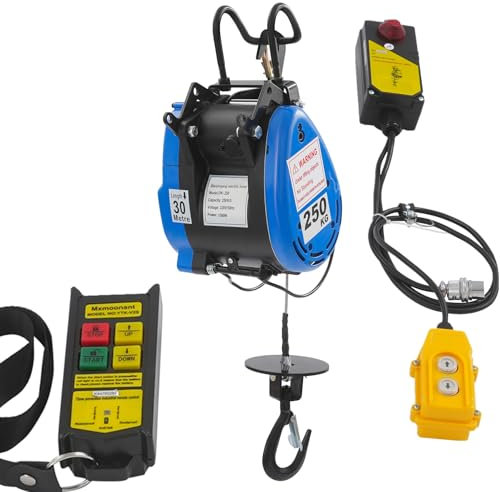 Mobile Seilwinde Elektrisch 230V 250kg Tragkraft 19m/min Kabellos-Fernbedienung(100m) mit Batterien Kabelsteuerungsgriff 1500W 29m-Hubhöhe 30m-Drahtseil Begrenzer Verriegelung-Haken 1.5m-Kabellänge