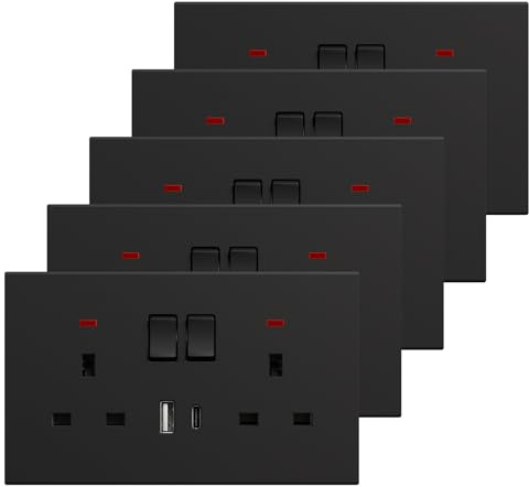 BSEED Double Socket with USB C 5 Pack, Electrical Double Switched Power Plug Wall Socket with LED Indicator, PC Wall Plate Outlet, Black, 13A