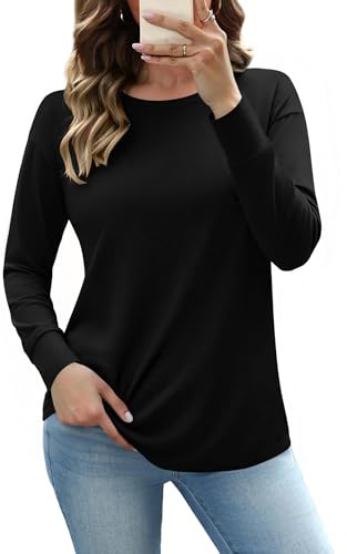 Totatuit Blusa Mujer Cuello Redondo Manga Larga Algodón Elástico Cómoda Estilo Versátil Trabajo y Relax Negro，S