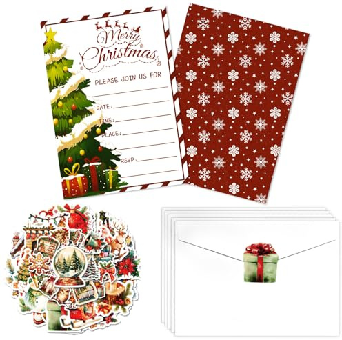 PTECDROTS Set di 20 inviti natalizi con buste, fiocchi di neve, albero di Natale, biglietti di invito per divertenti invernali, Natale, compleanni, feste, 17 x 11,9 cm