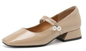 Escarpins Mary Jane Rétro pour Femme Bout Carré Dessus en Cuir Verni Bride À Boucle Perle Talons Bas À Enfiler Chaussures De Bureau,Apricot,40 EU