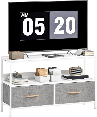 HOMCOM Mueble de TV, Mesa de TV con Estante y 2 Cajones de Tela Plegables, para Televisores hasta 47 Pulgadas, Largo de 98 cm, para Salón, Dormitorio, Blanco y Gris