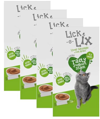 Lick-e-lix Cat Treats 4pk x Pack of 4 - Liver Sausage & Cat Grass - Perfect for Training, Bonding, or Spoiling Your Cat - Low Calorie - No Added Sugar - Wheat and Grain Free