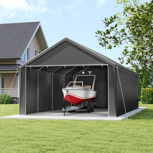 PEILU 4 x 8 m carport för utomhusbruk, tältgarage av PE-presenning och metallram, fristående lusthus, väderbeständigt garagetält, 32 m² biltält för bilar, båtar, verktyg, trädgårdsredskap (grå)
