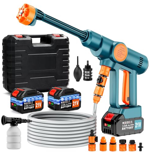 Hidrolimpiadora Bateria,Hidrolimpiadora de Alta Presion con 2 Baterías 3000mAh,Portátil Pistola de Agua a Presión,Boquilla 6 en 1 y Cañón de Espuma,para Limpiar Coche, Terraza, Jardín Limpieza y Riego