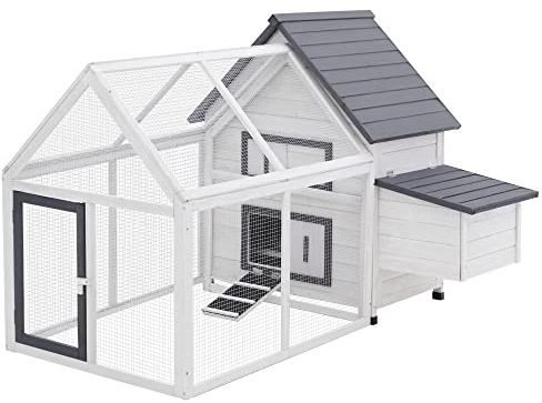PawHut Grey and White Wooden 0.07-Acre In-Ground Poultry Cage with Nesting Box, Ramp, Run D51-102