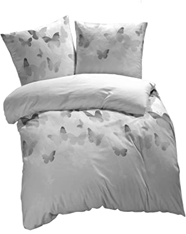 etérea Mako Satin Baumwolle Bettwäsche Lilu Schmetterlinge 135x200 2er Set - mit Reißverschluß - nach Oekotex 100 - Bettbezug mit Kissenbezug - 135 x 200 + 80 x 80 cm - Grau