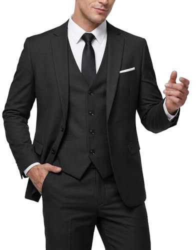 MY'S Men's 3 Piece Slim Fit Suit Set with Tie, 2 Button Blazer Jacket Vest & Pants, Business Wedding Party Prom Suit for Men, Black X-Large