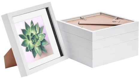 Nicola Spring 5 Piece 8 x 8 3D Shadow Box Photo Frame Set - Craft Display Picture Frame with 6 x 6 Mount - Glass Aperture - White/White