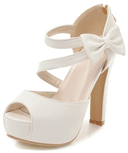 Sandalias para Mujer de Tacón Alto, Sandalias Peep Toe Elegante Tacón Ancho Zapatos de Vestir con Plataforma Zip Lazos 091 Blanco Talla 34 EU