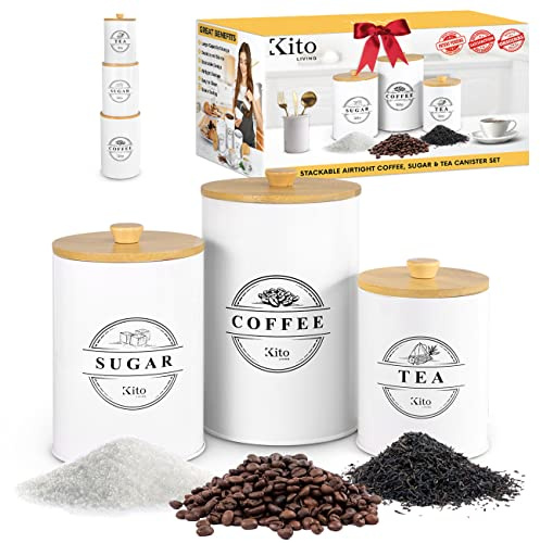 Kito LIVING Canisters Sets for Kitchen Counter Storage and Organization with Wooden Bamboo Lids, Food Pantry Containers, Stackable Steel Storage Bins, Airtight Sugar Tea Coffee Canisters - White