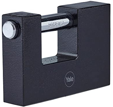 Yale Lucchetto rettangolare Y113BL/90 nero 90 mm: corpo in ferro con arco in acciaio temprato e cilindro a chiave testato EN12320 per protezione sicura di cancelli capanni e persiane