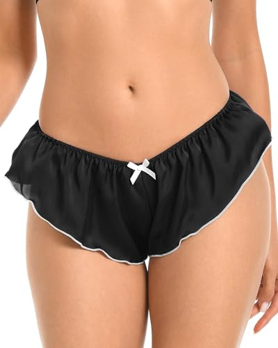 Satini Raso Vita Bassa Femminuccia Slip scanalati alla Francese Slip Mutandine (Nero - Bianco, XXL)