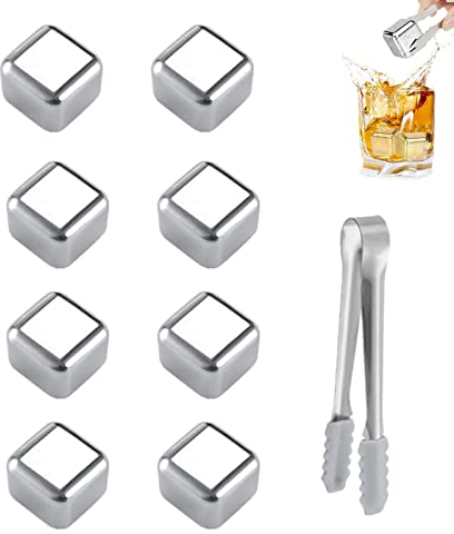 Dfuqanb 8 Stück Whisky Steine Edelstahl Set, Edelstahl Eiswürfel Set, Eiswürfel Edelstahl, Wiederverwendbare Kühlsteine, Whiskey Ice Cubes, Eiswürfel Metall, für Cocktail-,Whisky-Liebhaber,Barzubehör