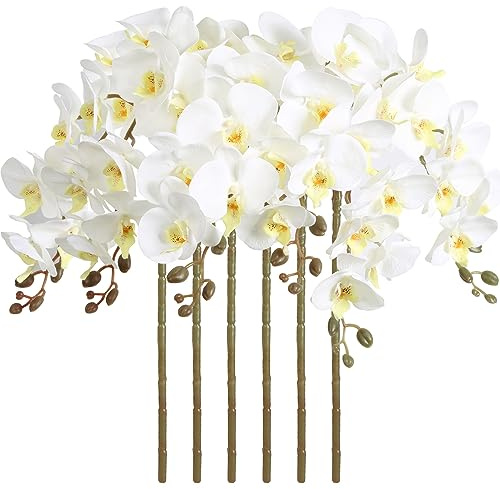 ICBOX 38 White Orchids Artificial Flowers Velvet Silk Orchids, 6 PCS Faux Orchids Long Stem Artificial Flowers for Tall Vase & Home Wedding Decoration(White)
