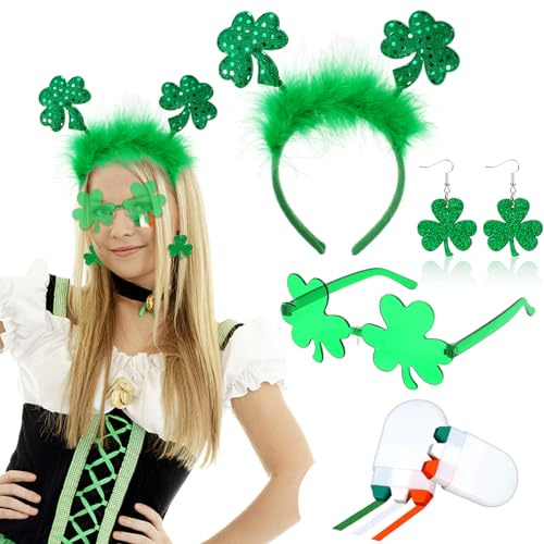 HOWAF St Patricks Day Haarreif Kleeblatt Stirnband Haarschmuck, Kleeblatt Brille, Ohrringe, Irland Flagge Schminke für St Patricks Day Kostüm Accessoires