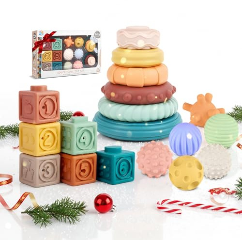 ROHSCE Baby Toy Set, 3 in 1 Baby Blocks, Teething Rings & Sensory Balls 6M+