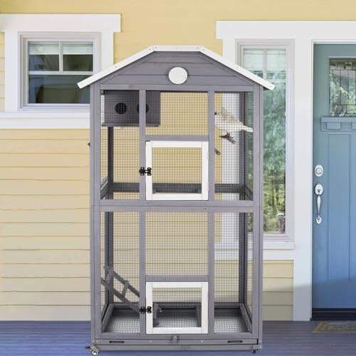 Gowoodhut Outdoor Bird Cage Large, Wooden Flight Aviary with Perches, Nest Habitat, and Easy-Clean Pull Out Tray for Parakeets, Macaws, and More
