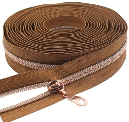 YaHoGa 9 m roséguld oändlig dragkedja, metervara, 6 mm spiral (brun) | oändlig dragkedja metervara dragkedja 6 mm spiral + 25 nonlock-dragkedja
