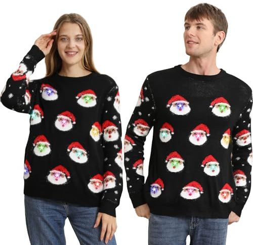 Kouric Jersey Navideño con Luces,Jersey Navideño Hombre/Mujer con Estampado de Papá Noel,Christmas Ugly Sweater,Suéter Navidad Divertido,Jerseys Navideños Feos,Jerseys Navidad Pareja-Negro