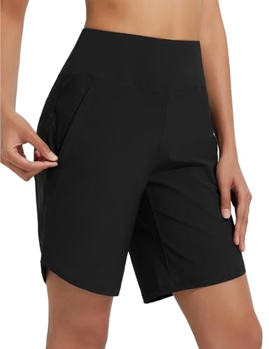 baleaf Swim Shorts Women Long Board Shorts with Zip Pockets Quick Dry Bikini Bottoms 9'' Black XL