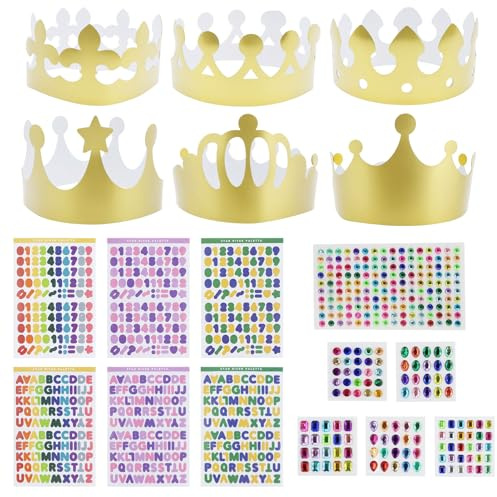 19 sombreros de fiesta con corona de papel con 6 hojas de pegatinas alfanuméricas y 6 hojas autoadhesivas de diamantes de imitación, corona de papel dorado, corona de fiesta de cumpleaños, para niños