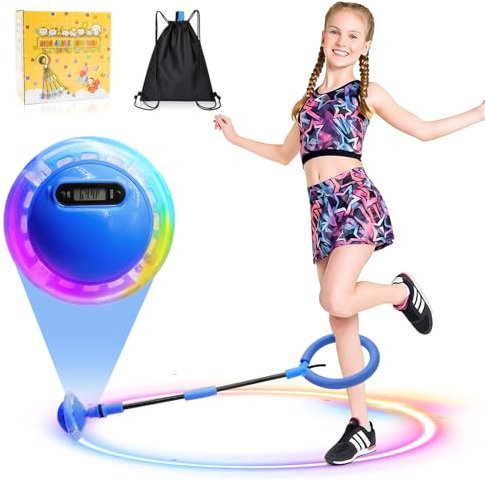 Herbst Kinder Blinkender Springring mit Zähler Timer Kalorienzähler Faltbarer Jumping Ball Fußkreisel Swing Wheel mit Lichtrad Fitness Spielzeug für Mädchen (Blau)