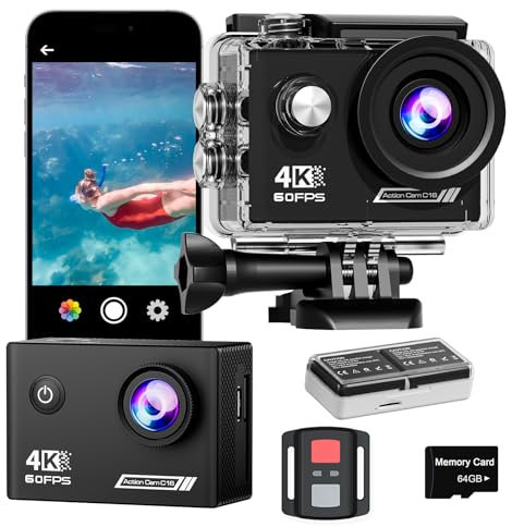 TIMNUT 4K60FPS Action Kamera, 40M wasserdichte Action Cam Unterwasserkamera mit 64 GB SD-Karte, 6-Achsen-Stabilisierung, Motorradkamera mit 8-Fach-Zoom und 2,4-GHz-Fernbedienung, Helmzubehör