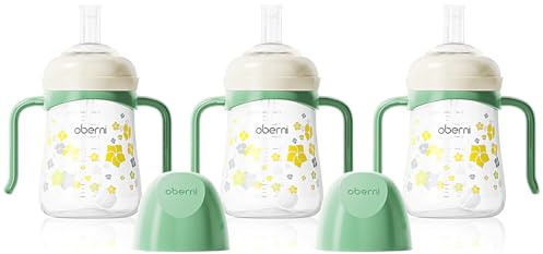 Oberni No Spill Sippy Cup, Weighted Straw Trainer Cup, Toddler Drinks Water Bottle with Leak-Proof Valve Spout for 6+ Months, 240ml/Green/3 Pack