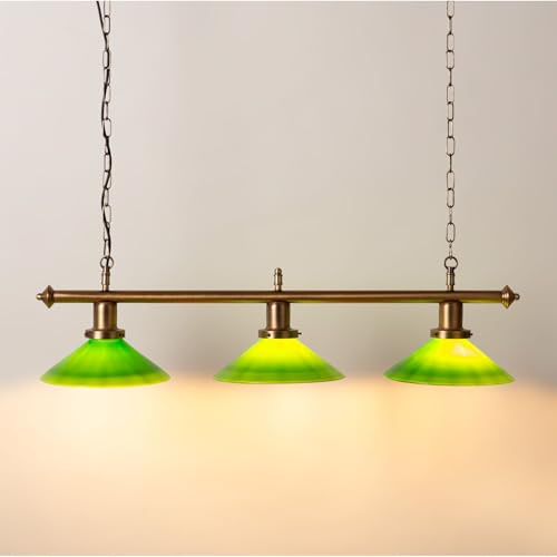 B·LED BARCELONA LED Lámpara Colgante Vintage BANQUERO. 3 Pantallas de Vidrio Verde y Soporte de Latón Envejecido, 3x casquillos E27 | Lámpara de techo estilo Retro para Salón, Comedor isla cocina