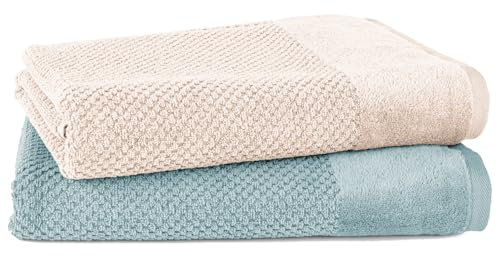 Pure Label 2-TLG. Badetücher Set mit Anhängeschlaufe aus 100% Baumwolle, saugstark, weich und Oeko-TEX Zertifiziert - 2 Badetücher aus Baumwolle 70x140 cm, Creme | Türkis