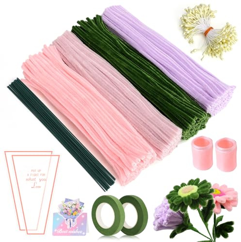 Realjoy Juego de 400 Limpiapipas con Flores, para Manualidades, 4 Colores, incluye Palitos de Flores, Estambres, Cinta Adhesiva, Tarjetas de Felicitación, Bolsas para Ramos y Cintas