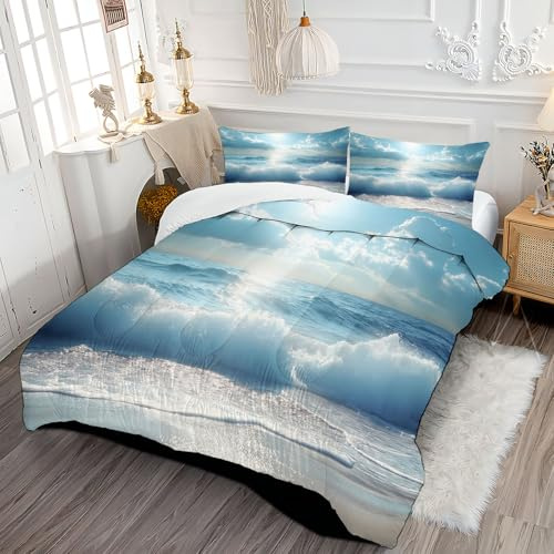 DLERFLOVR Edredón Nórdico Olas De Playa – Relleno Nórdico 4 Estaciones Mar Azul – Ultra Suave – Colcha AlternativoCama 150 Edredón Acolchado 220x240cm Azul Claro