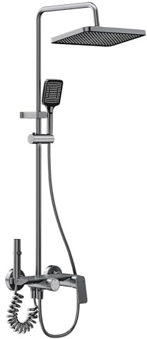 TIDECRFT 4 Function Shower Mixer Set with Rainfall Top, 3-Spray Handheld, Pull-Out Spray Gun & Tap, Height Adjustable Riser Bar,Grey Titanium Colour