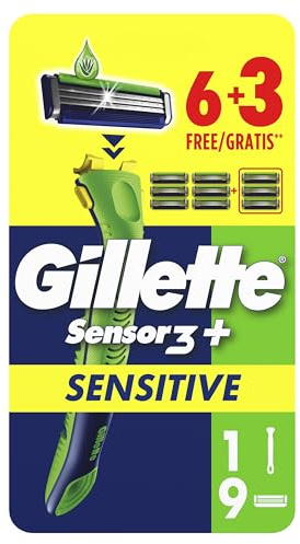 Gillette Sensor 3+ Sensitive Rasoio Da Uomo Con Testina Oscillante A 40° E 3 Lame Delicate Sulla Pelle, 1 Manico Ergonomico + 9 Lamette Di Ricambio