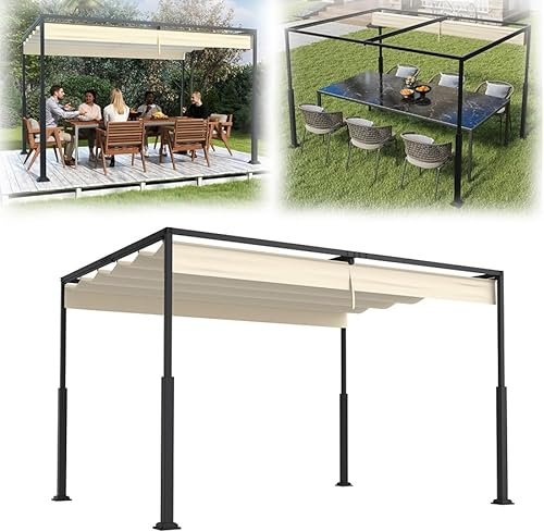 VA-Cerulean Pergola in metallo con tetto scorrevole, 3 x 4 m, gazebo stabile, tettoia per terrazza, protezione solare, gazebo da giardino autoportante, con robuste colonne in metallo per giardini