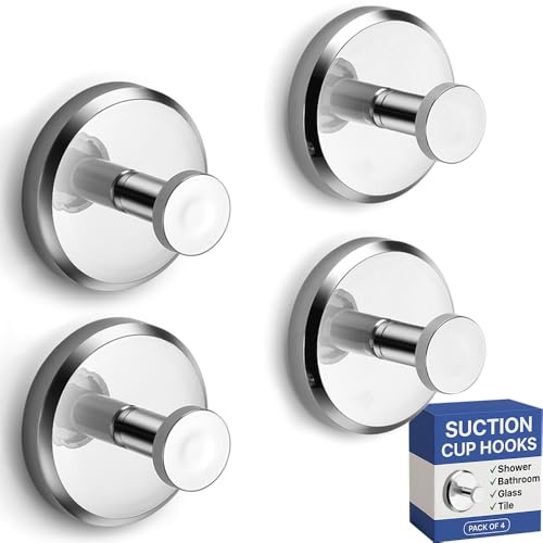 HOME SO Suction Cup Hooks for Shower & Bathroom Towel Holder 4-Pack Chrome
