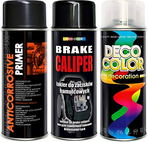 Deco Color Brake Caliper Deluxe 3 Items KIT Drum Primer Paint Protective Clear Coat Spray Gloss Moto Sport CAR Tuning Vehicle (Black Deluxe kit)