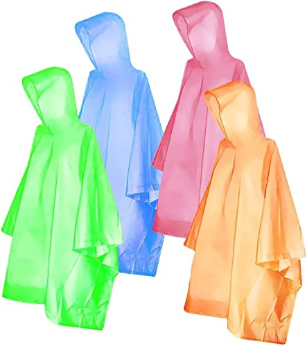 FISHOAKY Ponchos for Adults, Disposable Rain Ponchos Multi-Colored Raincoat for Camping Hiking Traveling Backpacking, 4 Pack