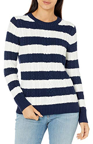 Amazon Essentials Pull Doux à Col Rond et Manches Longues Type Pêcheur, Maille Torsadée (Disponible en Grandes Tailles) Femme, Bleu Marine Blanc Motif Rayures Rugby, L