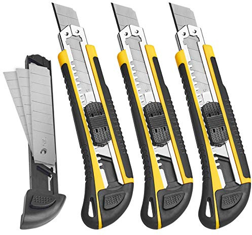 DOWELL Utility Knife Box Cutter Retractable Self Loading Heavy Duty Snap Off Quick Change Extra Blades(3PCS) TPR+PP Handle Cutting Cardboard Boxes or DIY 3Pack