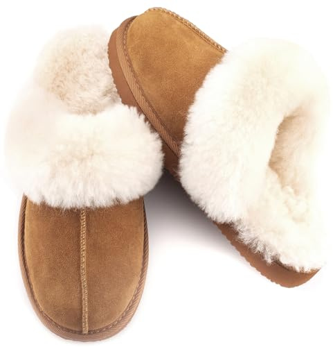 Parfeying Women's Shearling Slippers Genuine Leather with Rubber Sole, Sheepskin Fuzzy Indoor Outdoor Shoes for Home,L21605 Chestnut 9US