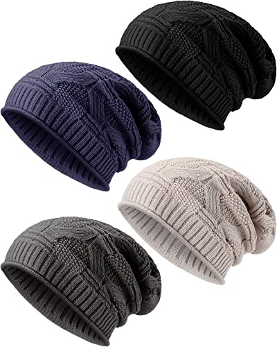 Haysandy 4 Pcs Knit Slouchy Beanie Hat for Women Men Oversized Soft Warm Winter Beanie Hat Chunky Stretch Cable Knit Cap(Cute Colors)