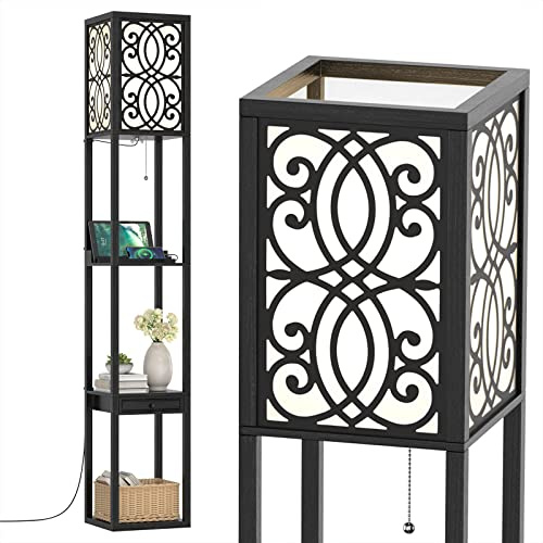 RELAX4LIFE Lampadaire Étagère 160 CM, Lampadaire Salon sur Pied Moderne, Abat-jour en Tissu, Lampe sur Pied pour Salon Chambre Bureau (Style 4)