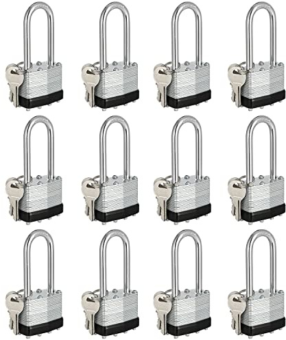 Travate Set di 12 lucchetti con chiave uguale, placcati in nichel, con chiave uguale, con corpo largo 40 mm, arco lungo 5,1 cm, per armadietti, capannoni, garage e recinzioni