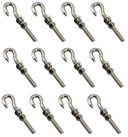 12 pernos de ojo de acero inoxidable M6 con tuerca y arandelas, vástago largo roscado, gancho redondo, tornillo de ojal