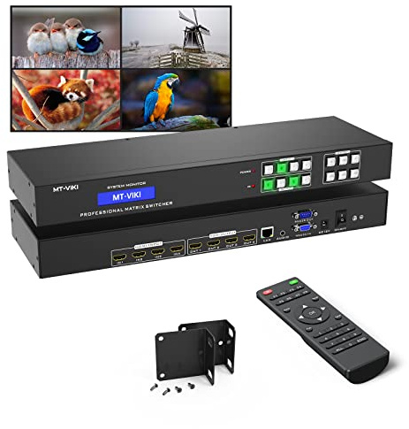 MT-VIKI Commutateur matriciel HDMI 4 x 4 4 avec extracteur Audio stéréo 3,5 mm + Interface Graphique Web, commutateur et répartiteur, 4K @ 30 Hz, EDID, RS232, Port LAN, Application (4 en 4 Sorties)