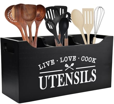 Karisky Kitchen Utensil Holder with Drainage Bottom, Large 3 Compartments Solid Real Wood Utensil Organizer for Kitchen Counter, Farmhouse Cooking Tools Storage for Countertop, Black