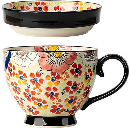 TYMYYS Bol Avec Anse Pour Soupe, Petit Déjeuner, Micro-Onde - Vaisselle Enfant, Chinois, Asiatique - Fleurs Colorées - 12x12x9.5cm, 500ml